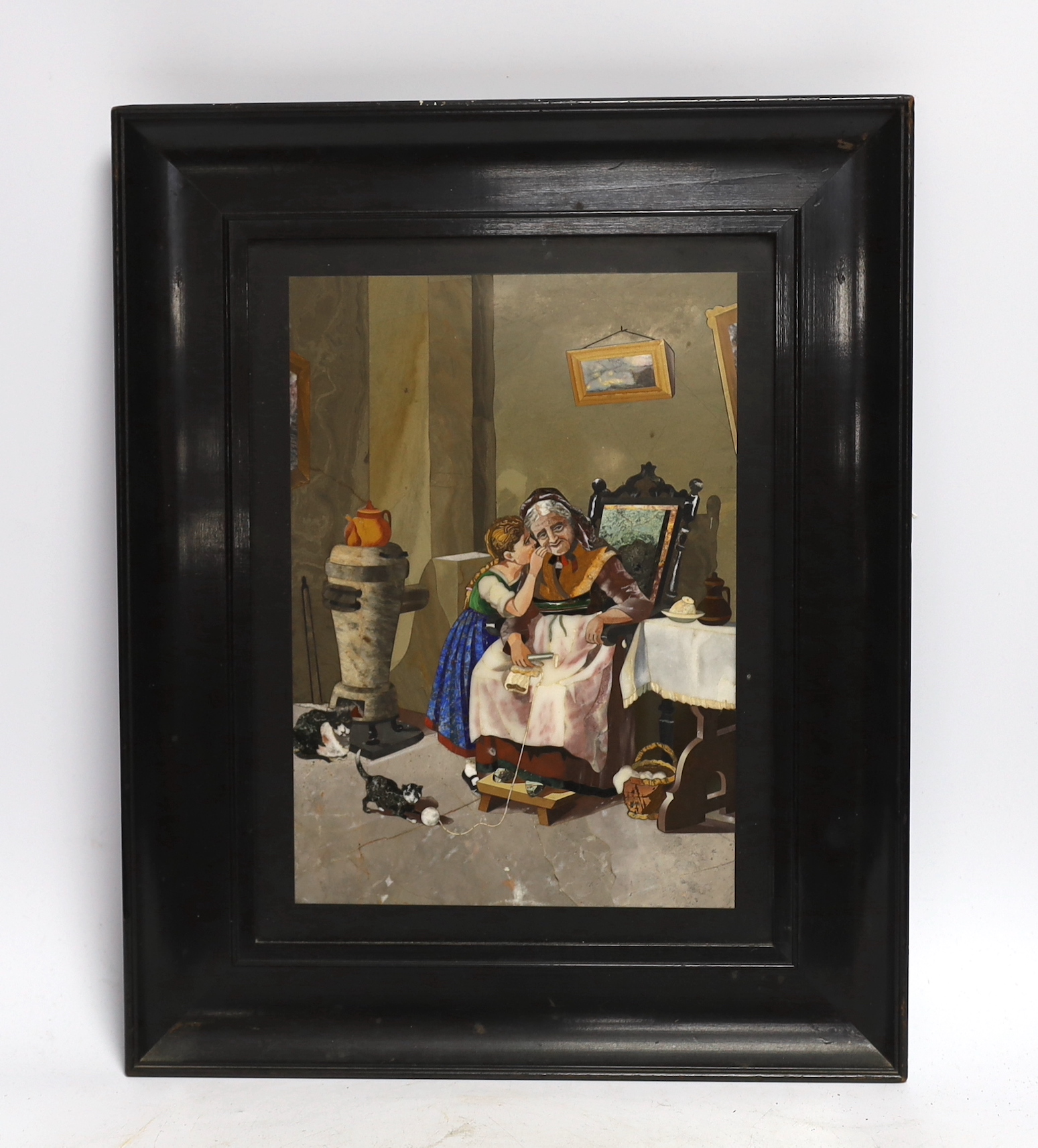 A framed Italian hardstone pietra dura panel of an interior scene, early 20th century, 28x20cm